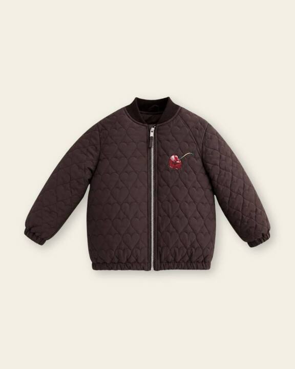 Children's bomber jacket made of quilted raincoat. Cherry in chocolate 