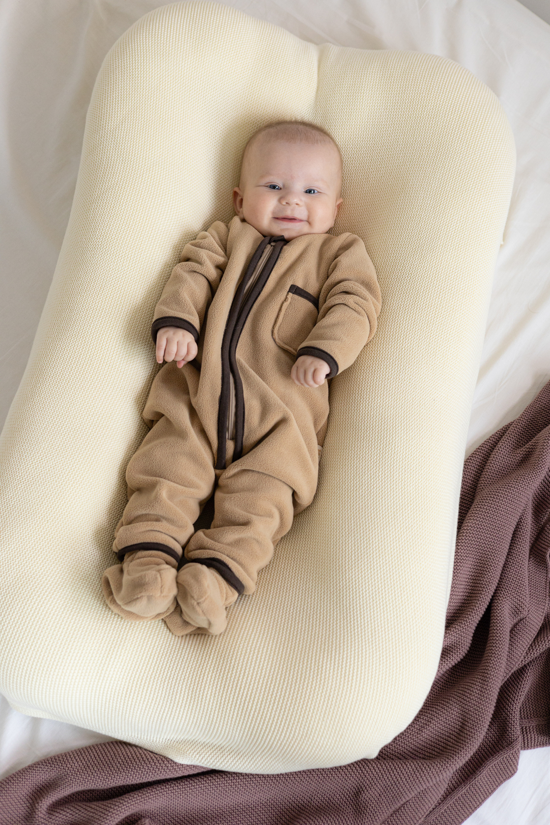 Fleece romper with booties caramel. New collection 