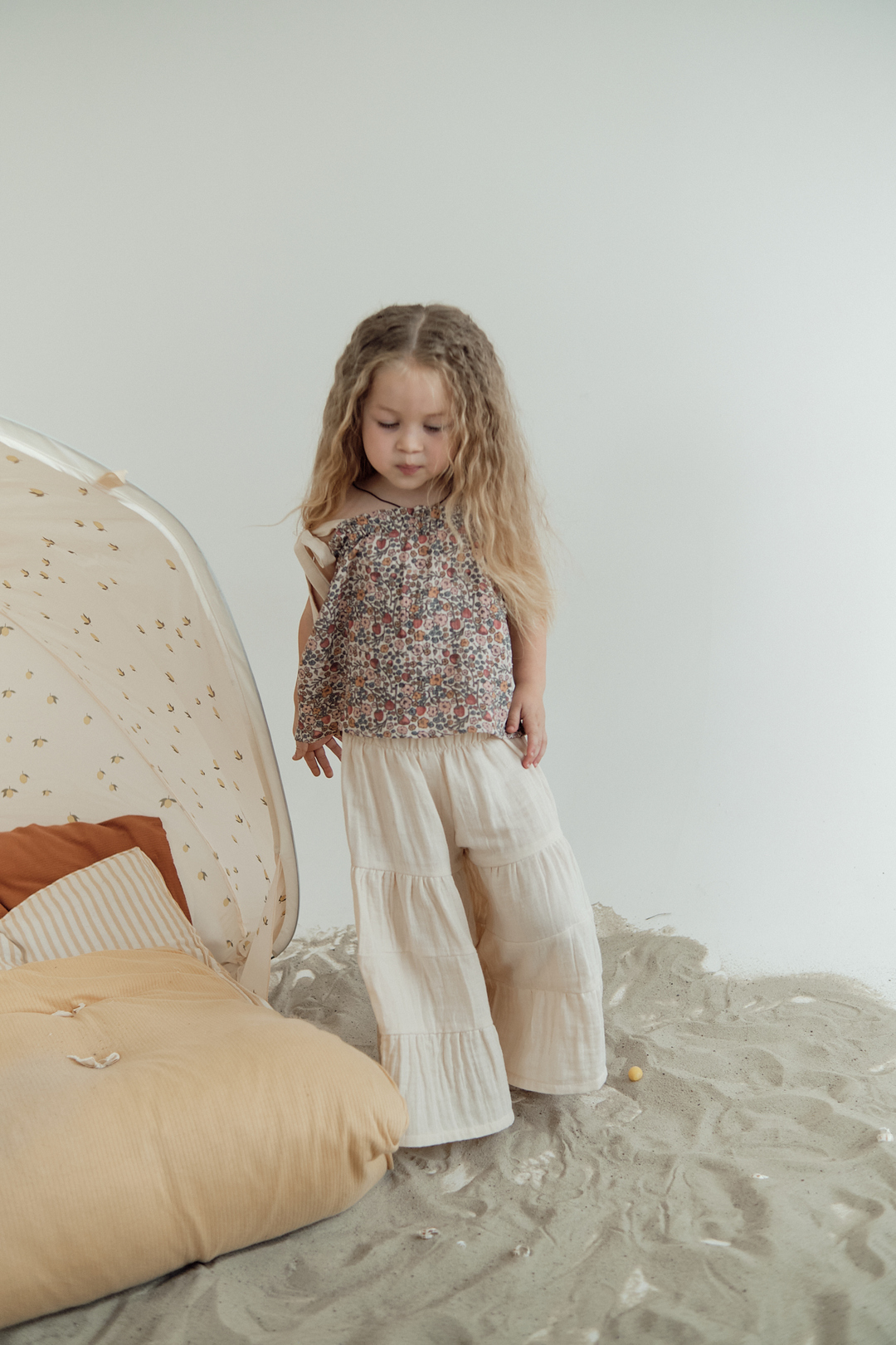 Beige muslin flared pants. New collection 
